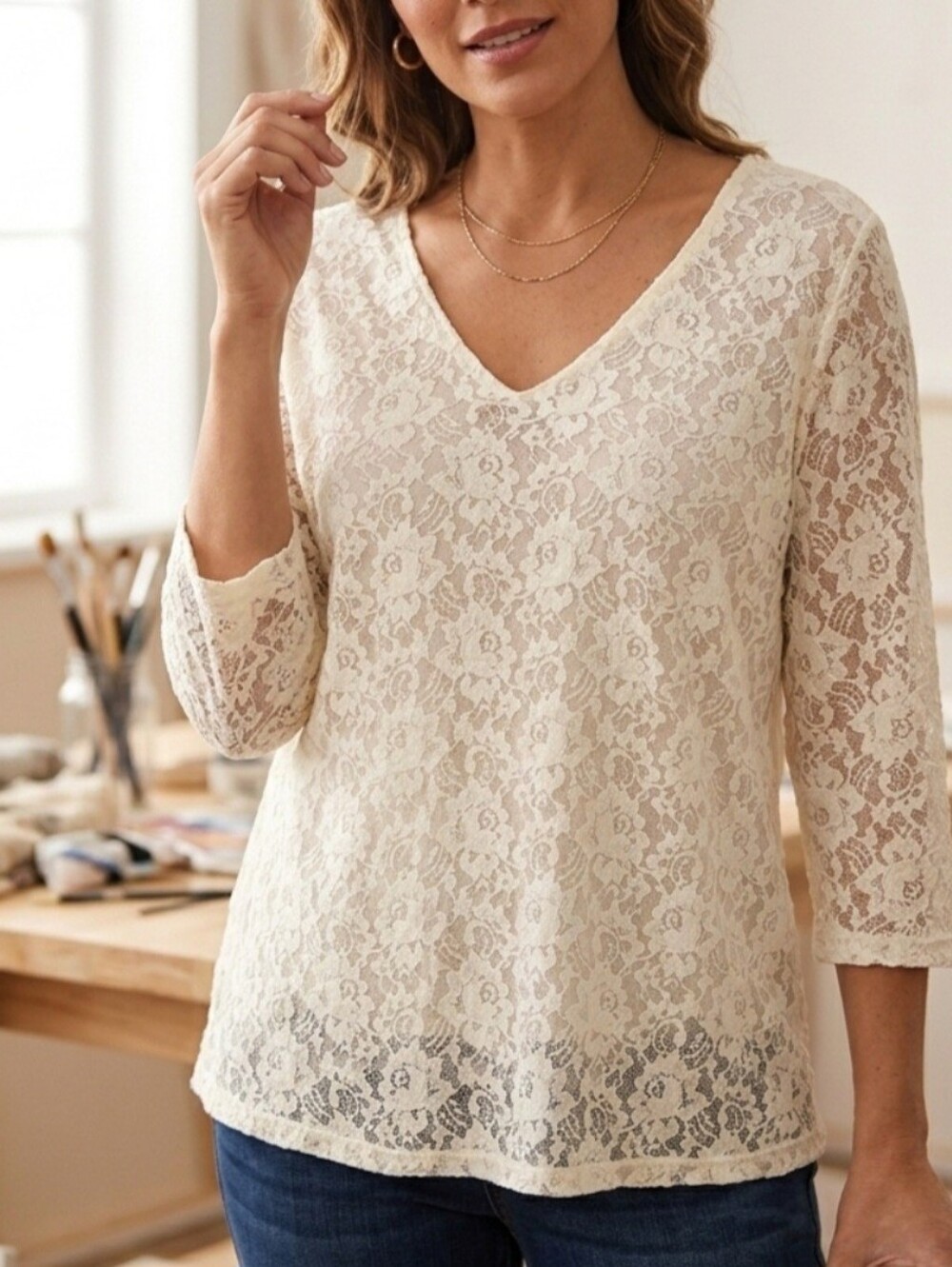 Motto Lace Top Shirt V-neck 3/4 Sleeves Womens XL